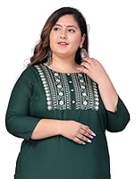 PREKSHA Plus Size Ethnic Motifs Embroidered Yoke Neck Design Three-Quarter Sleeves Straight Rayon Kurti&nbsp;for&nbsp;Women-Bottle Green