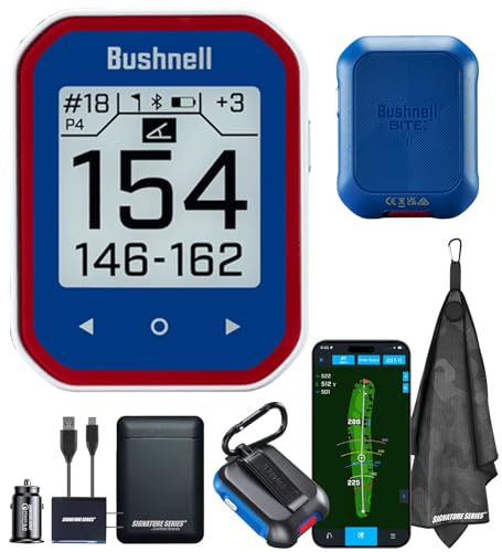Bushnell Golf Phantom 3 Slope GPS Handlheld (Red/Blue) | 38,000+ Courses, Slope Compensation, Hazard Info, Distance Calculator, Scorekeeping, Magnet Mount, Touchscreen | Signature Series Power Bundle