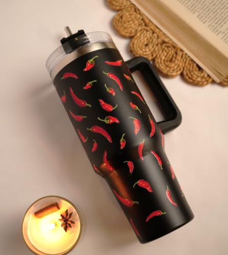 Image of 1200ML Stainless Steel Tumbler Hot and Cold with Handle and Lid and 2 Straws, Double Insulated Cup Leak Proof Mug Cupholder for Gym, Travelling (Red Chillis)