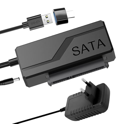 KBIBCK Adattatore da USB 3.0 a SATA, da USB C/USB3.0 a SATAIII/II/I con adattatore di alimentazione da 12 V/2 A, UASP, adattatore da USB 3.0 a SATAIII per hard disk HDD/SSD da 2,5/3,5 e SATA ottico