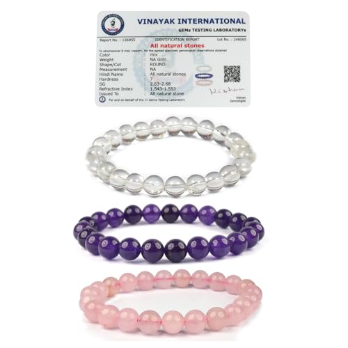 Image of Reiki Crystal Products Unisex Adult Natural Certified Clear Quartz Amethyst Rose Quartz Crystal Stone Bracelet 8 Mm Beads (Color : Multi) Combo Bracelet Pack Of 3 Pc
