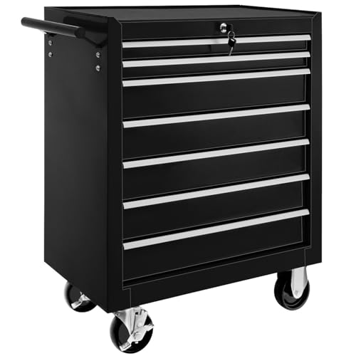 tectake® Carrello Portautensili, Carrello, Porta Attrezzi Officina con Ruote, 7 Cassetti, Carrello Porta Attrezzi, Attrezzatura Officina, Attrezzi da Lavoro - Nero