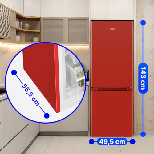 Foto von Bomann® Kühlschrank mit Gefrierfach | Energieklasse E | 143cm | Kühl Gefrierkombination leise 39 dB | 3 Ablagen & 3 Schubladen | Türanschlag wechselbar | 175L Kühlgefrierkombi | KG 320.2 rot