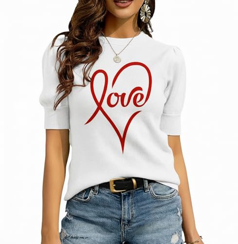 Grewear Women’s Crewneck Puff Short Sleeve Sweater with Love Knit