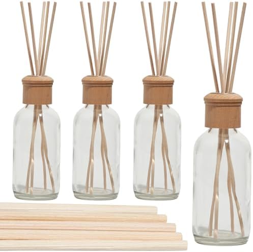 Whole Housewares Reed Diffusers for Home - Transparent Glass with Wooden Top - Elegant Empty Design - Ideal Bathroom Diffuser - 4 Pieces - Stable and Artistic Base - Oil Stick Diffuser - 4.9 x 1.9 in - Thumbnail 5