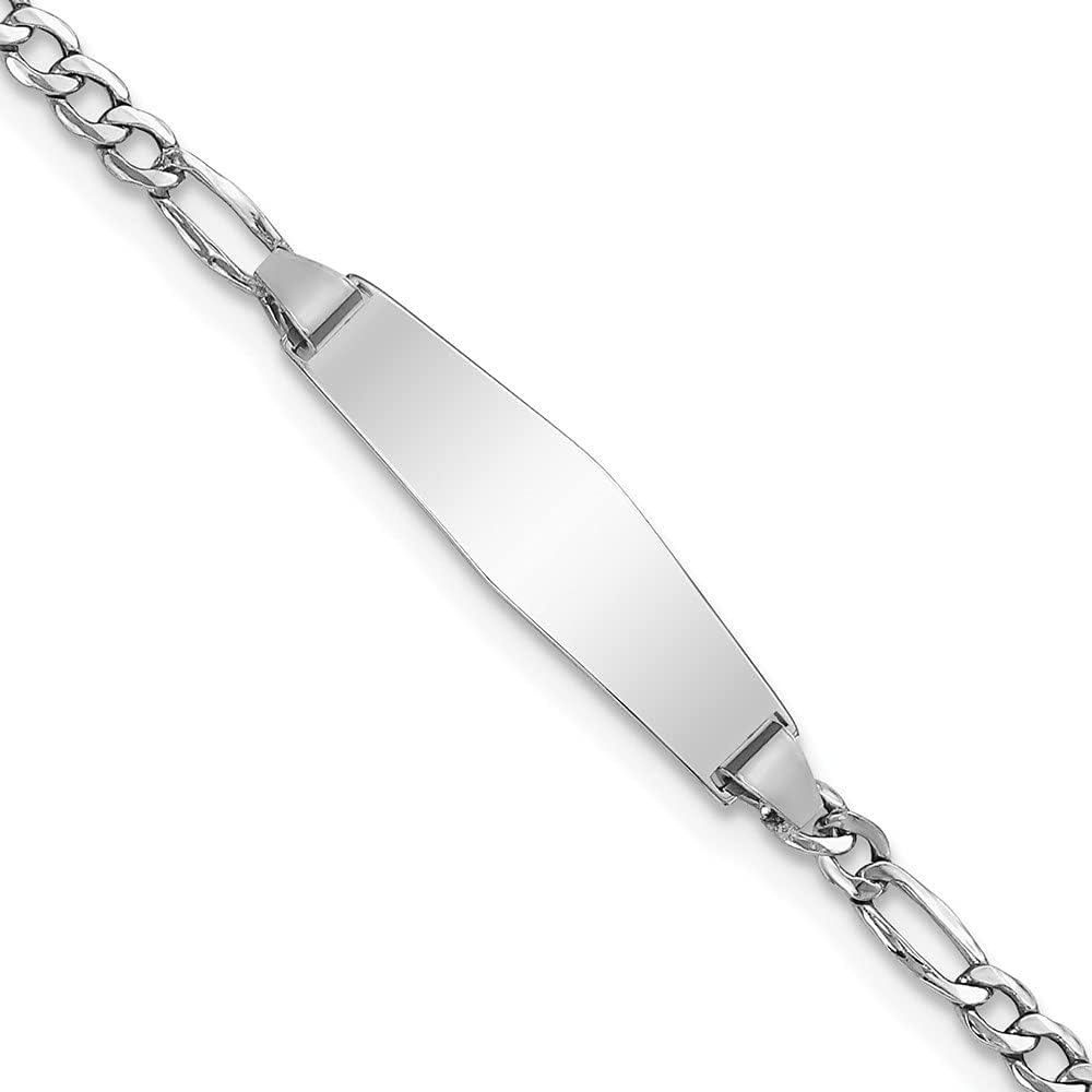 Engravable Personalized Custom 14K White Gold Semi-solid Soft Diamond Shape Figaro ID Bracelet For Men or Women Length 7 inches Width 5.5 mm