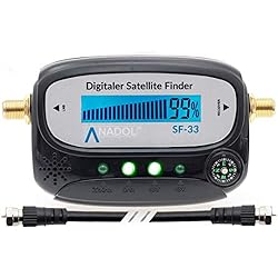 Anadol SF33 Black LCD Satenfinder, Sat Finder - Medidor satélite, ajuste de antenas y antenas planas, con indicador luminoso, sonido de pitido, cable de conexión + manual de instrucciones en alemán