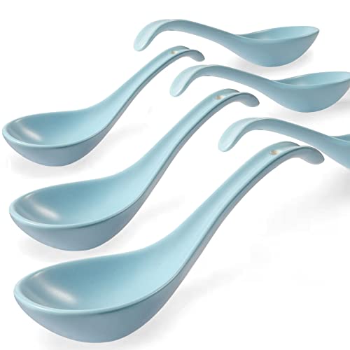 Artena 6.75 inch Solid Asian Soup Spoon Set of 6,Ultra-fine Porcelain Japanese Soup Spoon, Ramen Spoons for Pho Noodles Miso, Chinese Soup Spoons for Dumpling Wonton Cereal, Deep Oval Hook Design-Blue