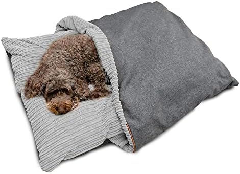 rucomfy Fibre-Filled Medium Burrower Calming Dog Bed with Comfort Blanket - Machine Washable Jumbo Cord Pet Bed with Water Resistant Base - 70 x 85 x 20cm (Mustard)