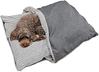 rucomfy Fibre-Filled Medium Burrower Calming Dog Bed with Comfort Blanket - Machine Washable Jumbo Cord Pet Bed with Water Resistant Base - 70 x 85 x 20cm (Mustard)