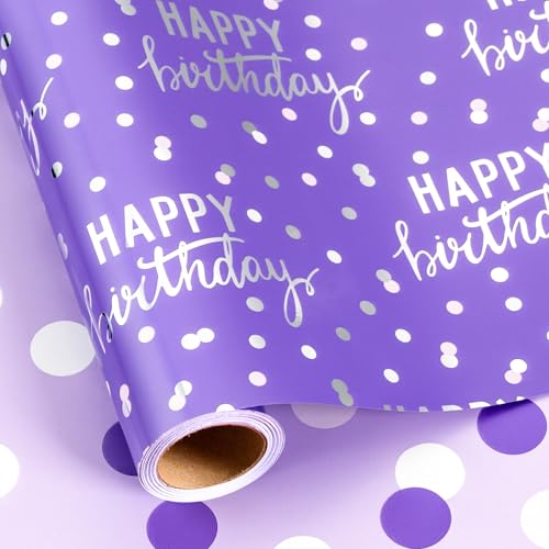 MAYPLUSS Birthday Wrapping Paper Roll - 17 Inch X 16.5 Feet - Purple Glitter Happy Birthday Lettering Metallic Foil Paper Girl Gift Wrap w/Polka Dot for Party