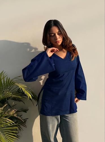 Image of ANNI Designer Short Kurti for Women Solid Design | V Neck Full Sleeve Kurti Tops for Women | Stylish Kurtis & Short Kurtis for Woman | Casual Kurti with Jeans | Kurtas for Woman