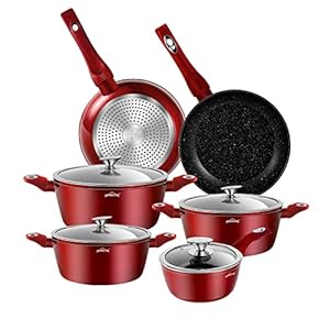 Topfset, HOMELUX 10-Teilig Aluminium Kochtopfset mit Glasdeckel, Antihaftbeschichtung Topfset Induktion, Kochtöpfe Set, Topf & Bratpfanne, Pfannenset, Kochgeschirr, Rot(HL-PF-001)