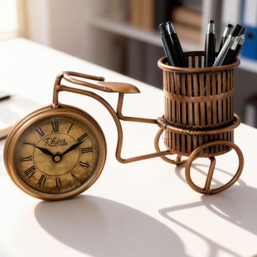 Image of Golden Cycle Pen Stand with Clock for Table Decoratoin, Elegant Desk Organizer, Bicycle Design, Handcrafted Metal Pen Holder with a Luxurious Gold Finish