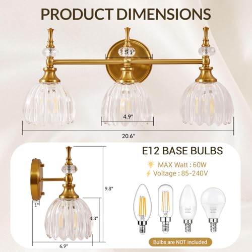 Image of ANDY STAR 3-Light Brushed Gold Bathroom Vanity Light, Transitional Sconce | Ribbed Glass & Crystal Accent, Damp-Resistant, Heat-Resistant E12 Base, Reversible Up /Down Mounting