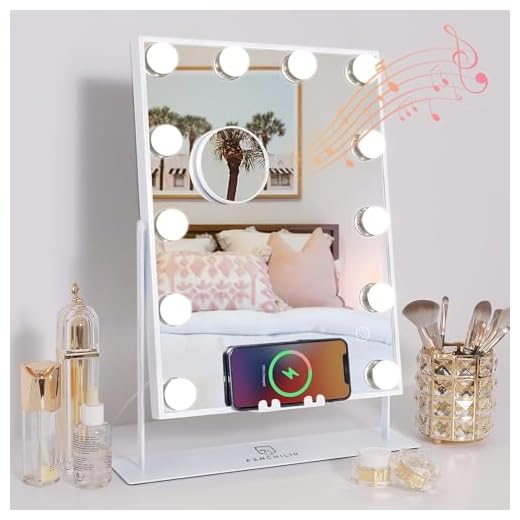 FENCHILIN White Vanity Mirror with Lights Wireless Charger Bluetooth Speaker Hollywood Makeup Mirror with 12 Dimmable Bulbs 3 Color for Glam Room Bedroom Detachable 10X Magnification