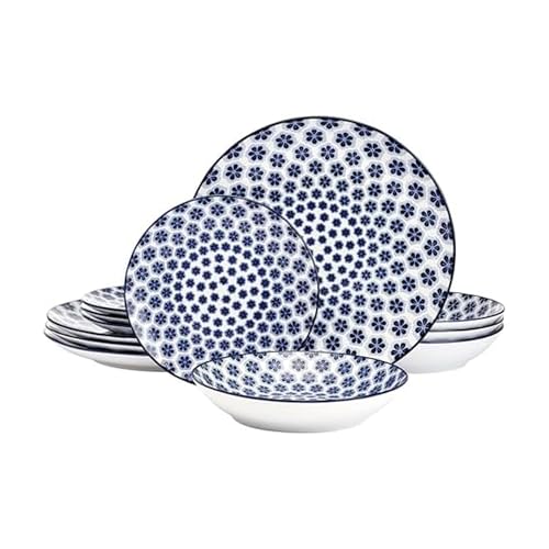 Pfaltzgraff Blooming Delight Floral 12 Piece Plates Bowls Dinnerware Set, Blue and White