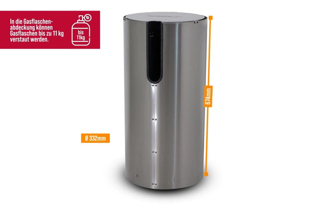Schickling Gasflaschen Schutzhülle aus Edelstahl - Gasflaschenschrank für Gas-Flaschen bis 11kg mit Rollen, Griff, Deckel & Grillbesteckhaken - Höhe: 70cm Breite: 34cm - Made in Germany