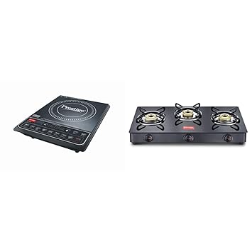 Prestige PIC 16.0+ 1900- Watt Induction Cooktop with Push Button (Black) + Prestige IRIS LPG Gas Stove, 3 Burner, Black