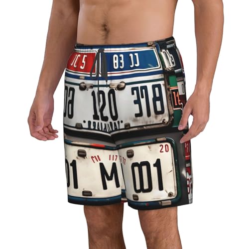Men's Beach Shorts Swim TrunksFun Patterns Old License Plate Print for Surfing Running Summer Vacation2