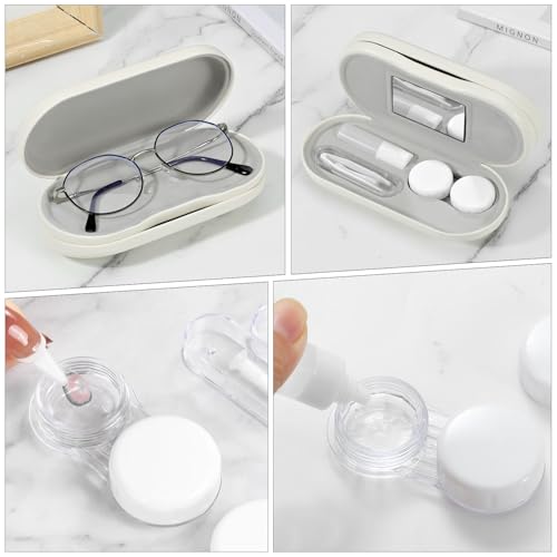 Image of MoKo Double Eyeglass Case, Contact Lens Case with Mirror Tweezers Remover, 2 in 1 Double Sided Portable Contact Lens Box Holder Container Soak Storage Kit Sunglasses Pouch for Men & Women, Beige