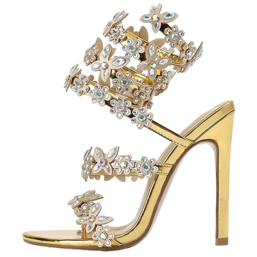 Rhineshell Women's Diamond Studded High Heels Sandals Ankle Strappy Round Open Toe Faux Patent Leather Slim Heels Rhinestones Straps Slingback Party Dress Shoes Gold Size 8