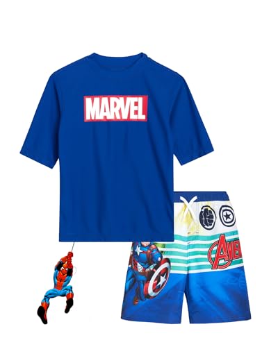Marvel Boys' Avengers Rash Guard Set - Captain America, Iron Man Swim Shirt and Trunks (2T-7), Size 3T, Royal Avengers Stripes
