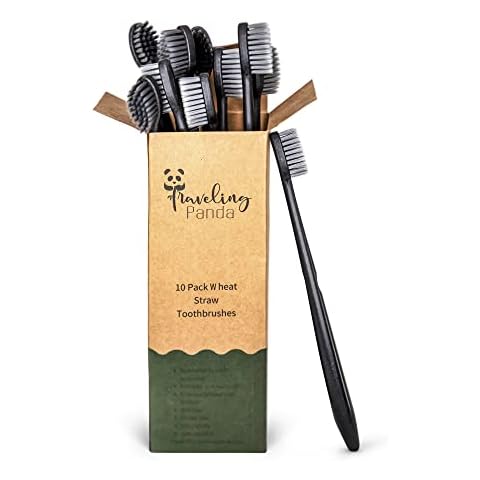Traveling Panda Wheat Straw Toothbrushes Bulk, Charcoal Infused Soft Bristles Whitening, Travel Toothbrush Kit, Essentials for on The Go Teeth Brushing, 10 Large Brushes Cover