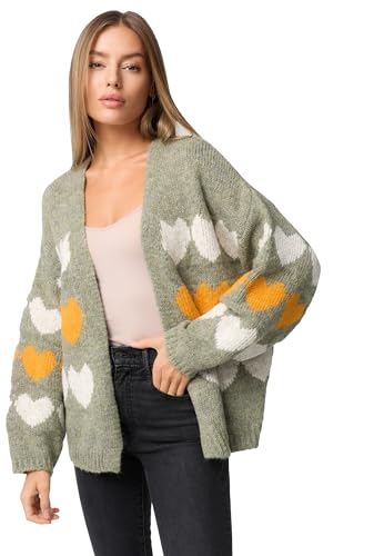 PM SELECTED Damen Strickjacke Langarm Cardigan mit Herzmuster in Einheitsgröße PM66 (Olive)