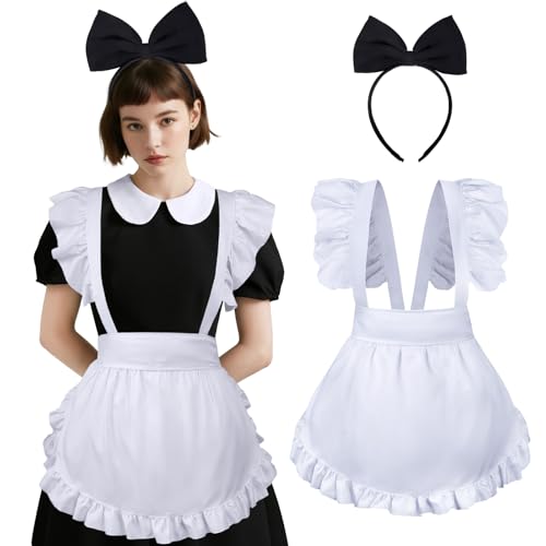 Cardkiss White Apron for Women Maid Apron with Bow Headband Set for Halloween Theme Party
