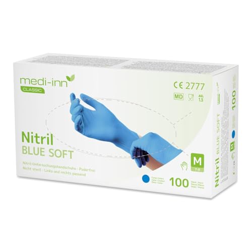 Medi-Inn+ Nitril blue soft Einweghandschuhe Größe M | 100 Stück | Nitril Einmalhandschuhe blau in praktischer Spenderbox | latexfrei & puderfrei
