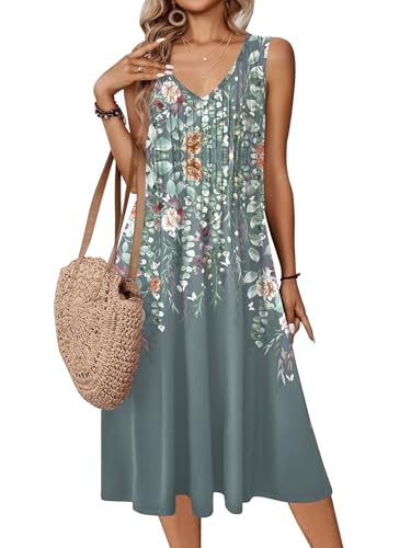 Image of Zeagoo Women Summer Casual Dresses 2026 Sleeveless Midi Pleated Tank Sundress with Pockets V Neck A Line Swing Tshirt Dress