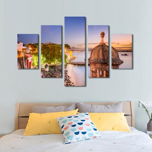 TUMOVO Wall Art for Living Room San Juan Puerto Rico Prints Wall Art 5 Piece Wall Art Old City Wall Wall Artwork Living Room Decor Modern Home Decor Stretched And Framed Ready to Hang, 60x40 Inch