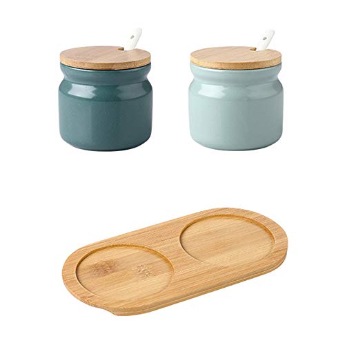 OnePine Juego de 2 Azucarero de cerámica, 300ml contenedores para Especias azúcar Pot con Tapa de bambú y Cuchara, perfecto para el hogar y la cocina