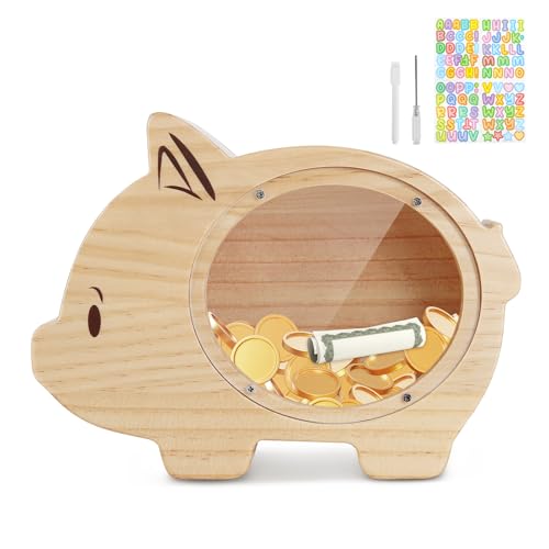wooshwa Hucha para Niños, Huchas Originales para Niños, Caja de Monedas, Hucha de Madera Transparente Reutilizables con Marcador & Pegatinas de Colores para Infantiles Niña Niño - Cerdo