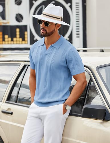 Image of COOFANDY Mens Knit Polo Shirts V Neck Textured Polo Shirts Short Sleeve Breathable Polo Casual Collared T Shirt Fashion Tops