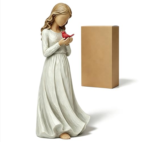Pequecom Small Angel Figurines with Cardinal Bird, Cardinal Memorial Gifts for Women Loss of Loved One, Hand-Painted Guardian Angel Statues for Home Decor