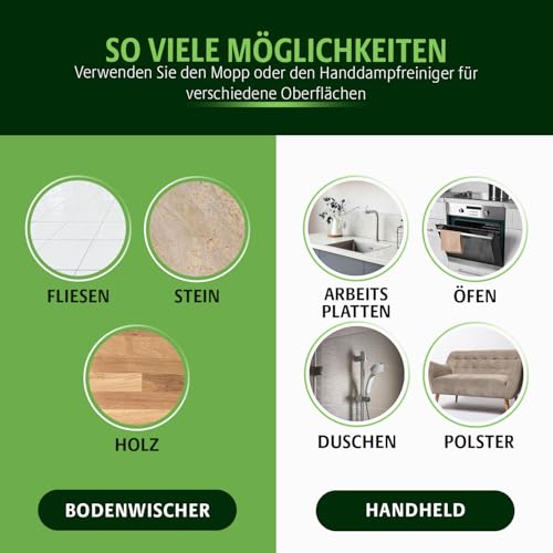 3 PAGEN® Rotierender Dampfreiniger Mop 2-in-1 inkl. 10-tlg. Zubehör – 1300W Steam Twister Mopp Bodenwaschmaschine + Handdampfreiniger in einem – Reiniger für Böden, Bad, Fugen, Flächen, Polster & mehr