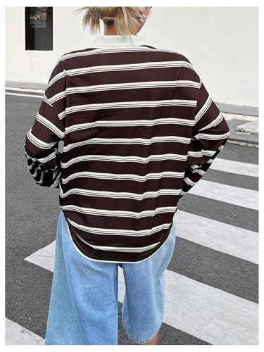 Women's Oversized Striped Tshirts Long Sleeve Collared Button Up Golf Shirt Casual Preppy Tops2