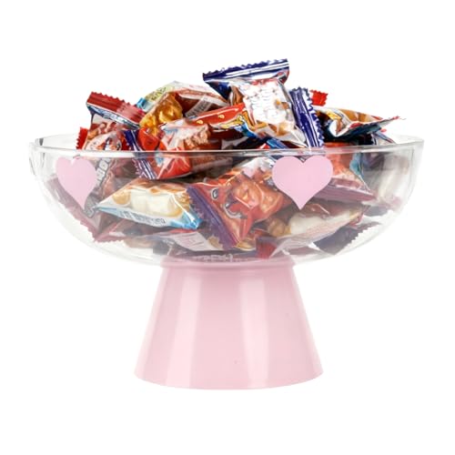 Candy Bowl with Pedestal Base Decorative Clear Plastic Bowl with Cute Pattern for Candy Fruit Vegetable Coffee Pods 9.5x9.5x6 Inches (Pink)