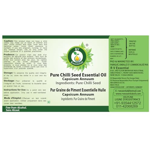 Image of R V Essential Pure Chilli Seed Essential Oil 50ml- Capsicum Annuum (100% Pure and Natural Steam Distilled) For Skin Face Hair Body Nails Scalp Massage Aromatherapy Diffuser Soap Candle Perfume Making