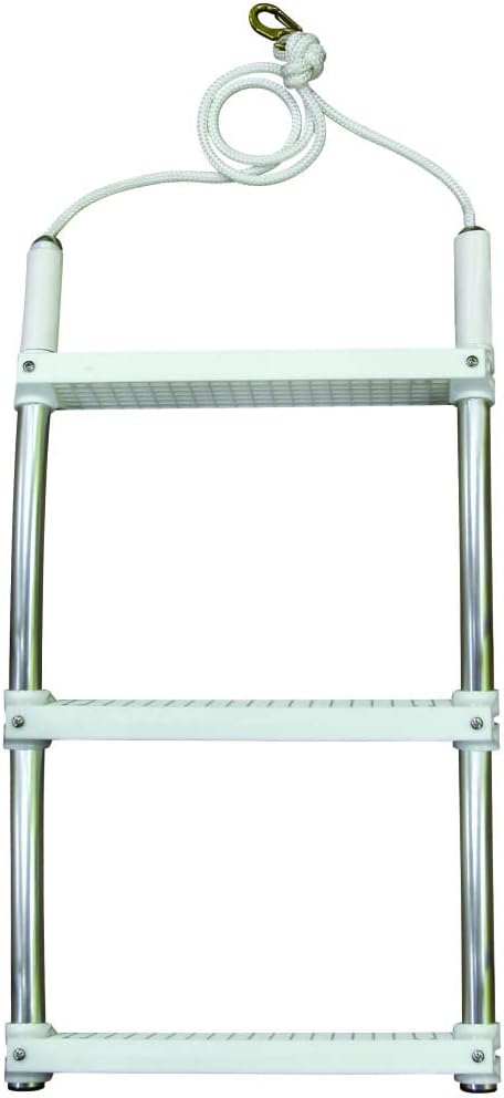 JIF Marine 3-Step Rope Boat Ladder for Side Boarding – Contour Hull Ladder with Anodized Aluminum Frame, Vinyl Sleeve Protection, Molded Poly Steps, 3/8 in Rope Attachment, 250 lb Capacity