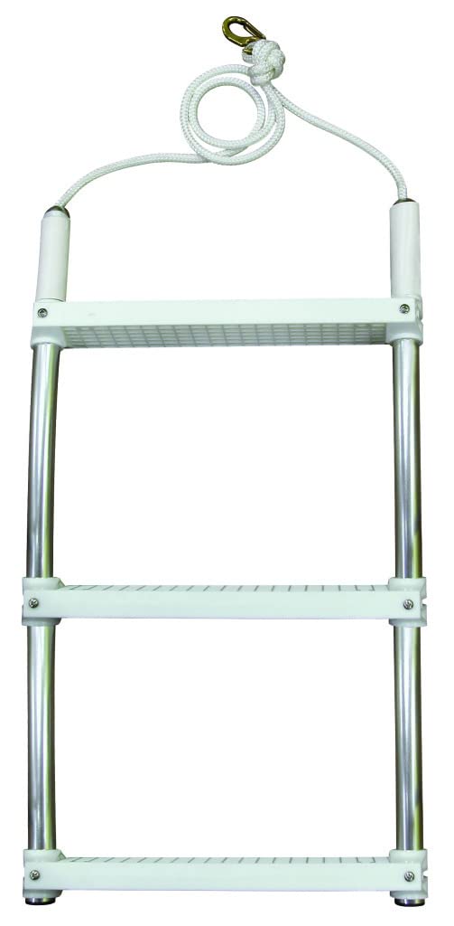 JIF Marine Rope Boat Ladder for Side Boarding – 3-Step Contour Hull Ladder with Anodized Aluminum Frame, Vinyl Sleeve Protection & Molded Poly Steps – 250 lb Capacity