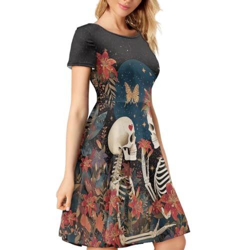 Image of HUGS IDEA Womens Puffy Swing Midi Dress Round Neck Short Sleeve Party A-Line Dresses