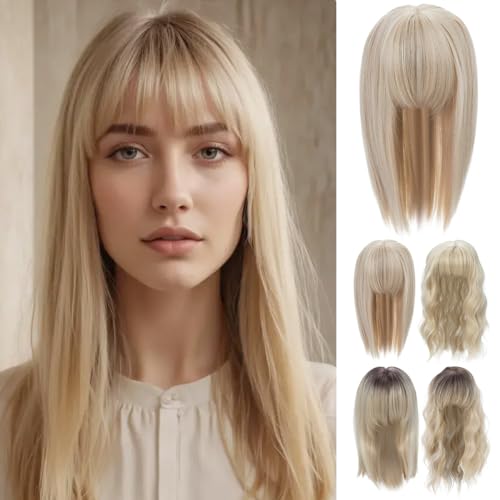 PARXITN Hair Topper für Frauen Synthetische Haareile 45cm Hair Toupet mit Pony gerade Wiglets Haareile für dünnes Haar ceniza blonde mix Bleichblonde