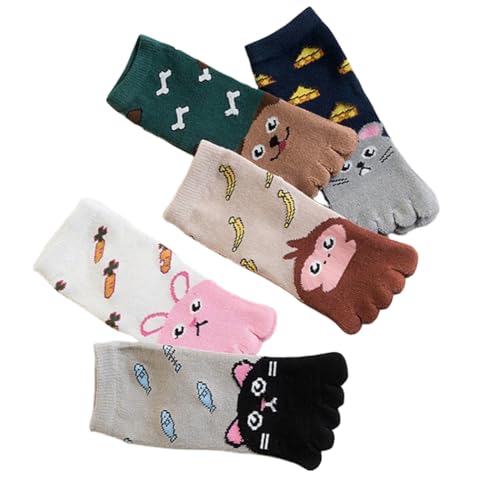 5 Pairs Cotton Split Tabi Toe Five Finger Socks Cartoon Animal Seperated Socks for Kids Boys Girls 3-12 Years