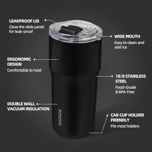 Image of BJPKPK 20oz Spill Proof Coffee Tumbler, Insulated Stainless Steel Cup | Double Wall Vacuum, Leakproof Lid, Keeps Hot /Cold /Iced, BPA Free, Dishwasher Safe, Cupholder, Travel, Black