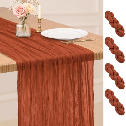 4 Pack Terracotta Table Runner 17 x 108inch Cheesecloth Table Runner Boho Gauze Table Runners Romantic Rustic Sheer Fabric Cheese Cloth Table Runners for Wedding Party Bridal Shower Spring Table Decor