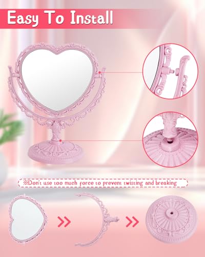 Espejo de maquillaje giratorio doble rosa con soporte miniatura 3