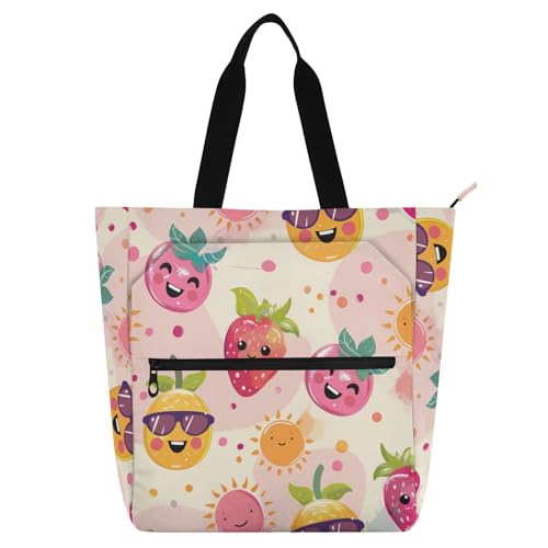 Kids Tote Bag Piano Book Bag for Kids Adults, Fruits Waterproof Handbags Grocery Beach Bag with Zipper Pockets for School Work Travel Rainbow